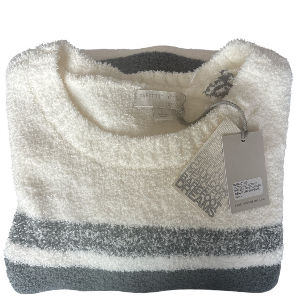 Barefoot Dreams Cozy Chic Marled Stripe Pullover in Agave Green/Pearl Large NWT